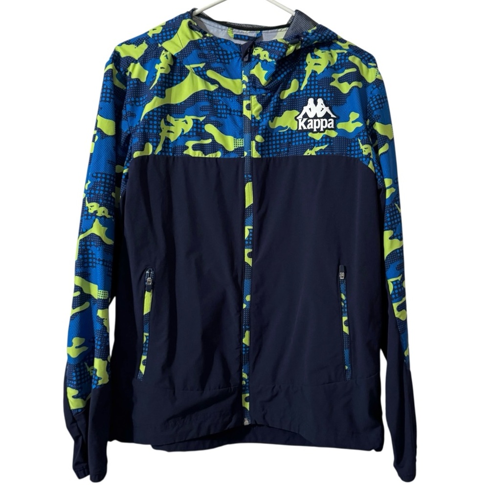 Kappa Windbreaker hooded full zip jacket coat Men’s XL Navy Neon green like new